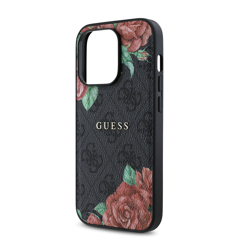 iPhone 14 Pro Kılıf Guess Orijinal Lisanslı M-safe Şarj Özellikli Gül Baskılı 4G Desenli Yazı Logolu Kılıf
