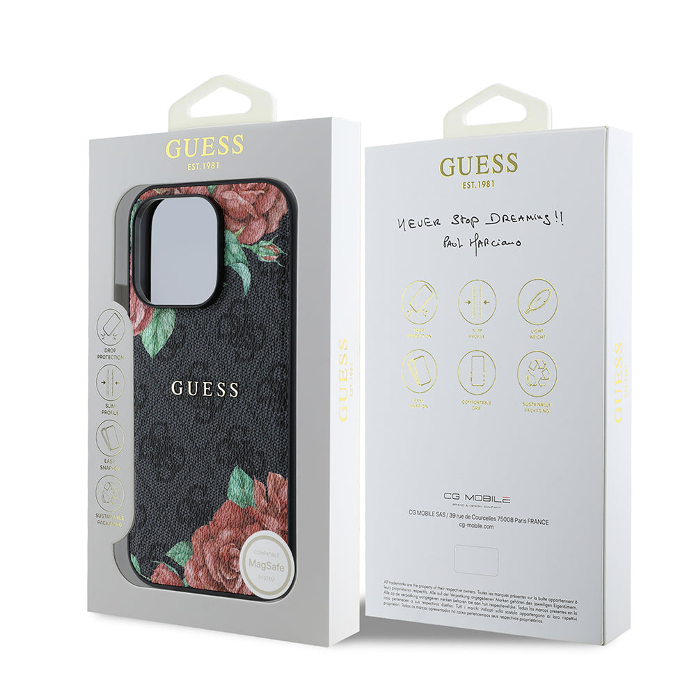 iPhone 14 Pro Kılıf Guess Orijinal Lisanslı M-safe Şarj Özellikli Gül Baskılı 4G Desenli Yazı Logolu Kılıf