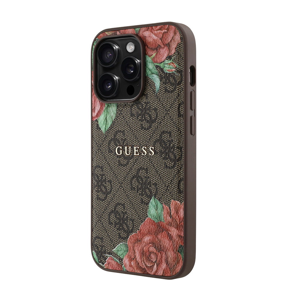 iPhone 14 Pro Kılıf Guess Orijinal Lisanslı M-safe Şarj Özellikli Gül Baskılı 4G Desenli Yazı Logolu Kılıf