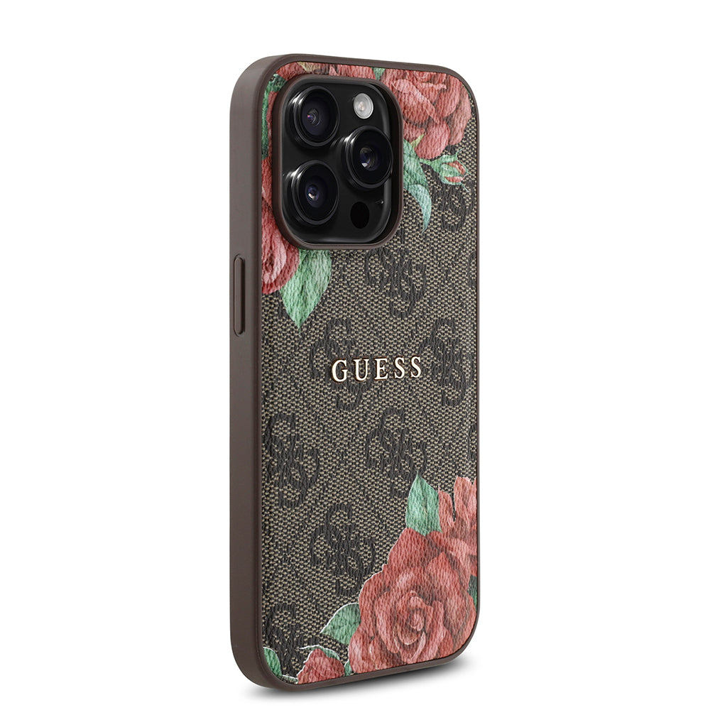 iPhone 14 Pro Kılıf Guess Orijinal Lisanslı M-safe Şarj Özellikli Gül Baskılı 4G Desenli Yazı Logolu Kılıf