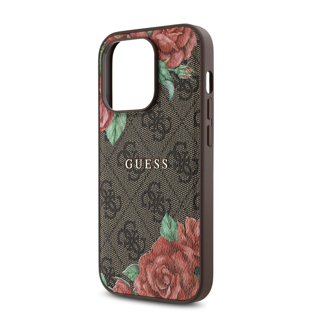 iPhone 14 Pro Kılıf Guess Orijinal Lisanslı M-safe Şarj Özellikli Gül Baskılı 4G Desenli Yazı Logolu Kılıf
