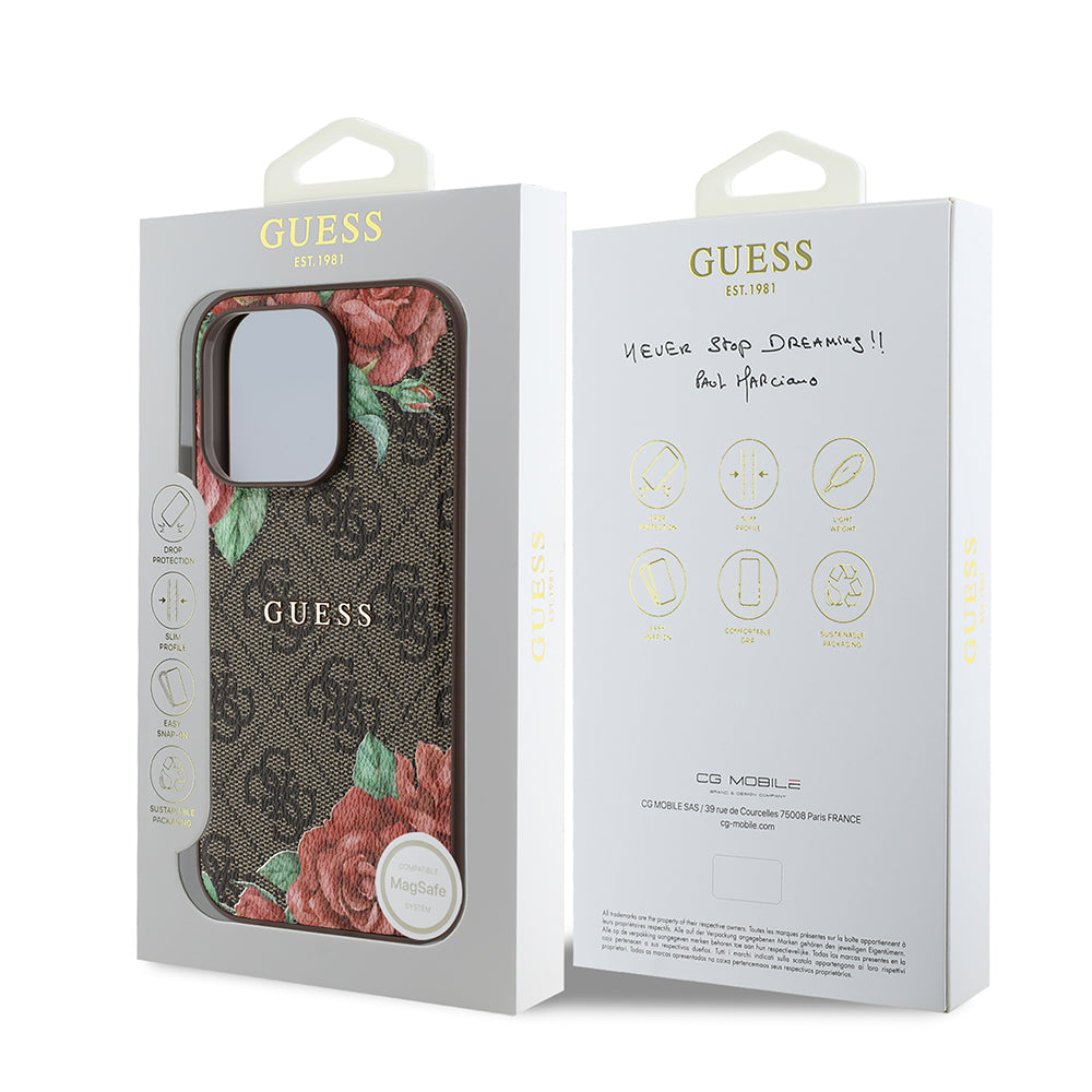 iPhone 14 Pro Kılıf Guess Orijinal Lisanslı M-safe Şarj Özellikli Gül Baskılı 4G Desenli Yazı Logolu Kılıf