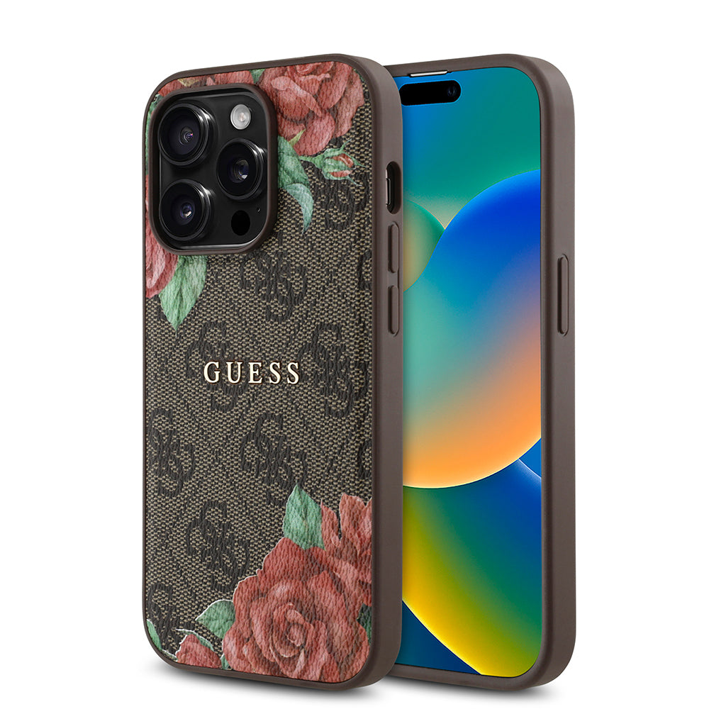 iPhone 14 Pro Kılıf Guess Orijinal Lisanslı M-safe Şarj Özellikli Gül Baskılı 4G Desenli Yazı Logolu Kılıf