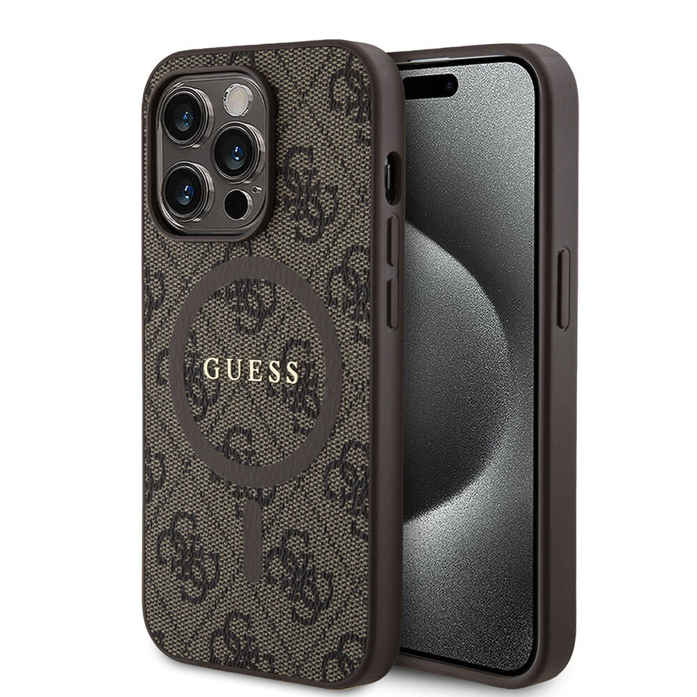 iPhone 14 Pro Kılıf Guess Orijinal Lisanslı M-safe Şarj Özellikli PU Halkalı 4G Desenli Yazı Logolu Kılıf