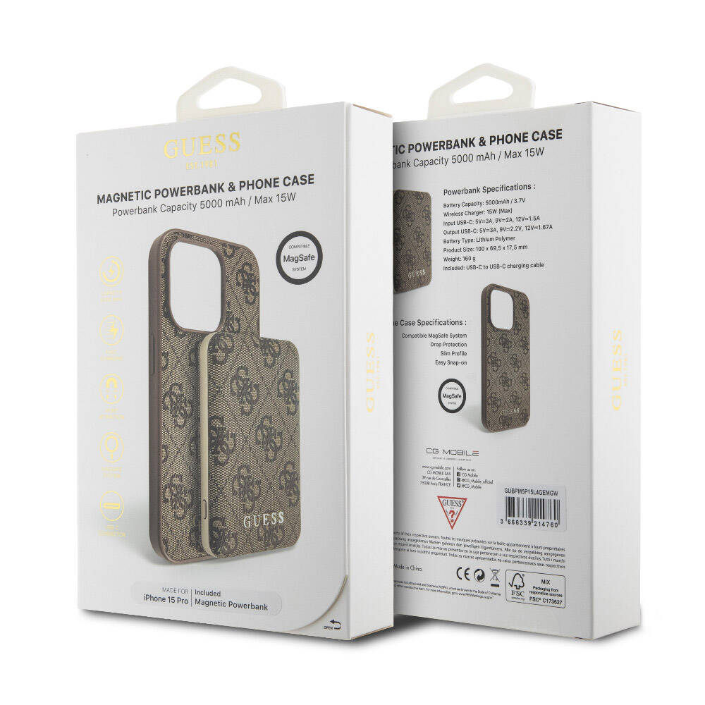 iPhone 14 Pro Kılıf Guess Orijinal Lisanslı M-safe Şarj Özellikli Yazı Logolu 4G Desenli Kılıf + Powerbank 5000mAh 2in1 Set