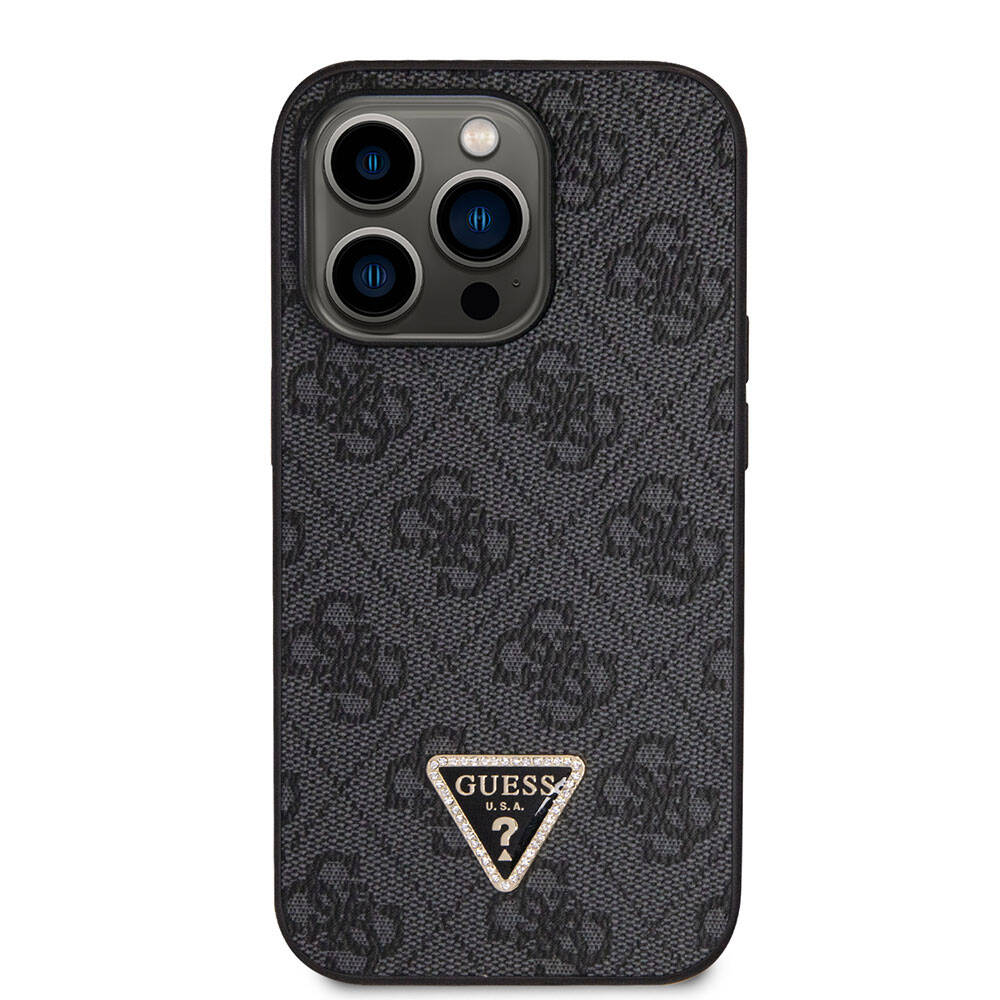 iPhone 14 Pro Kılıf Guess Orijinal Lisanslı PU Deri Taşlı Üçgen Logo 4G Desenli Kılıf