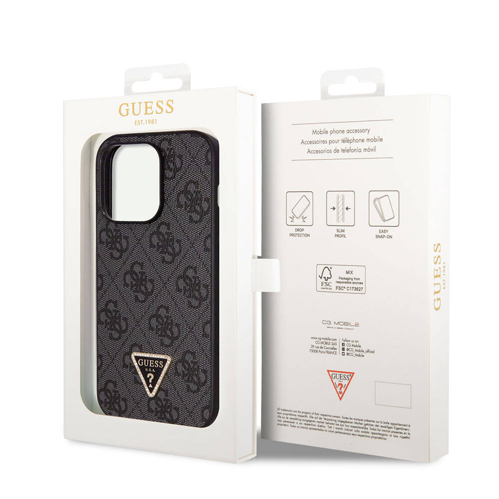iPhone 14 Pro Kılıf Guess Orijinal Lisanslı PU Deri Taşlı Üçgen Logo 4G Desenli Kılıf
