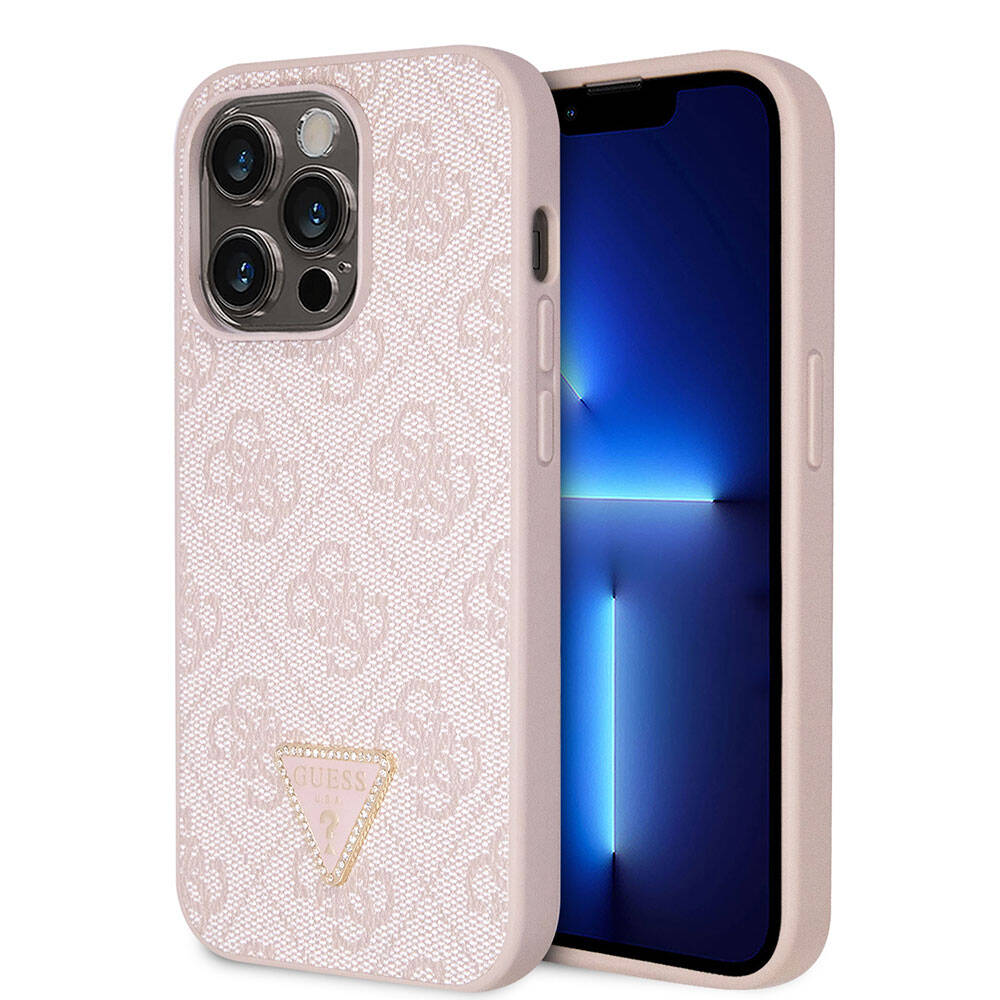 iPhone 14 Pro Kılıf Guess Orijinal Lisanslı PU Deri Taşlı Üçgen Logo 4G Desenli Kılıf