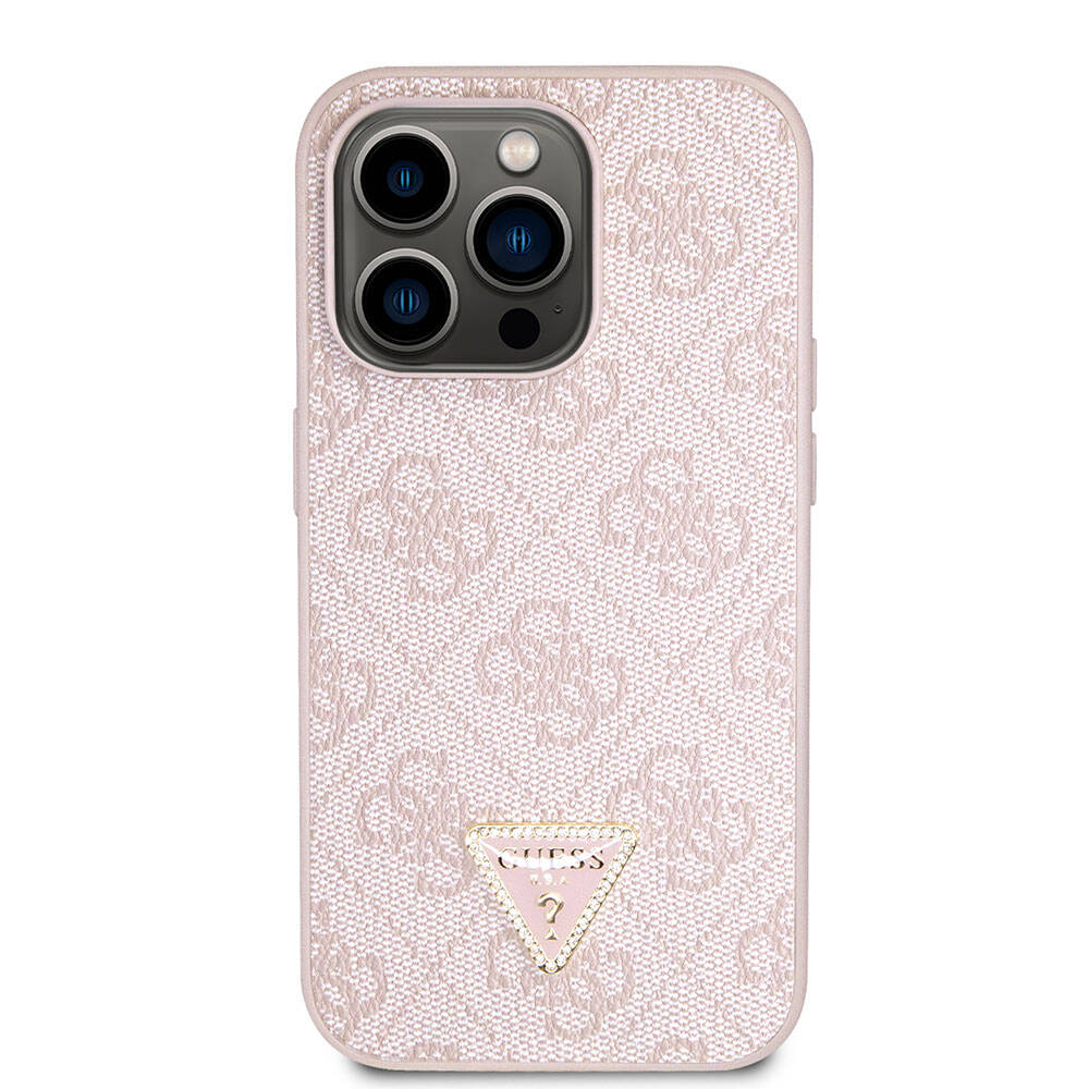 iPhone 14 Pro Kılıf Guess Orijinal Lisanslı PU Deri Taşlı Üçgen Logo 4G Desenli Kılıf