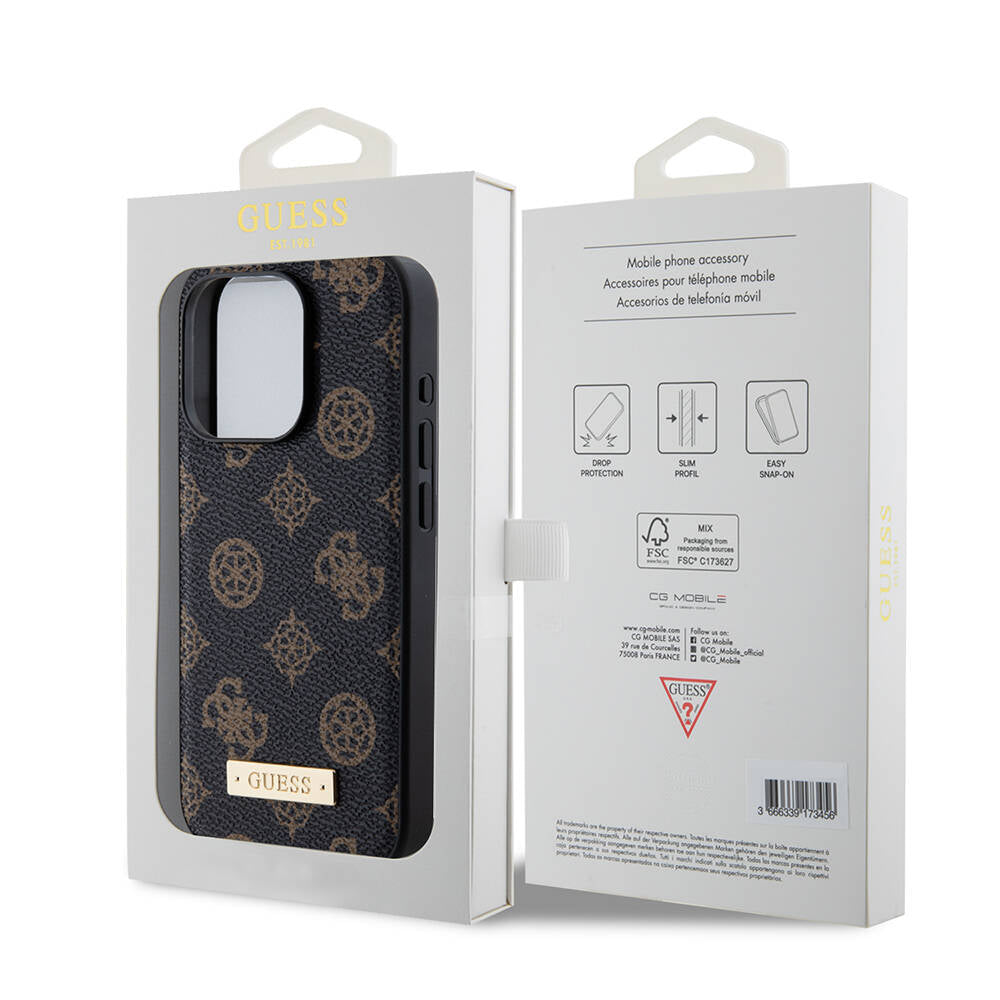 iPhone 14 Pro Kılıf Guess M-safe Şarj Özellikli PU Deri Desenli Metal Plaka Logolu Kılıf
