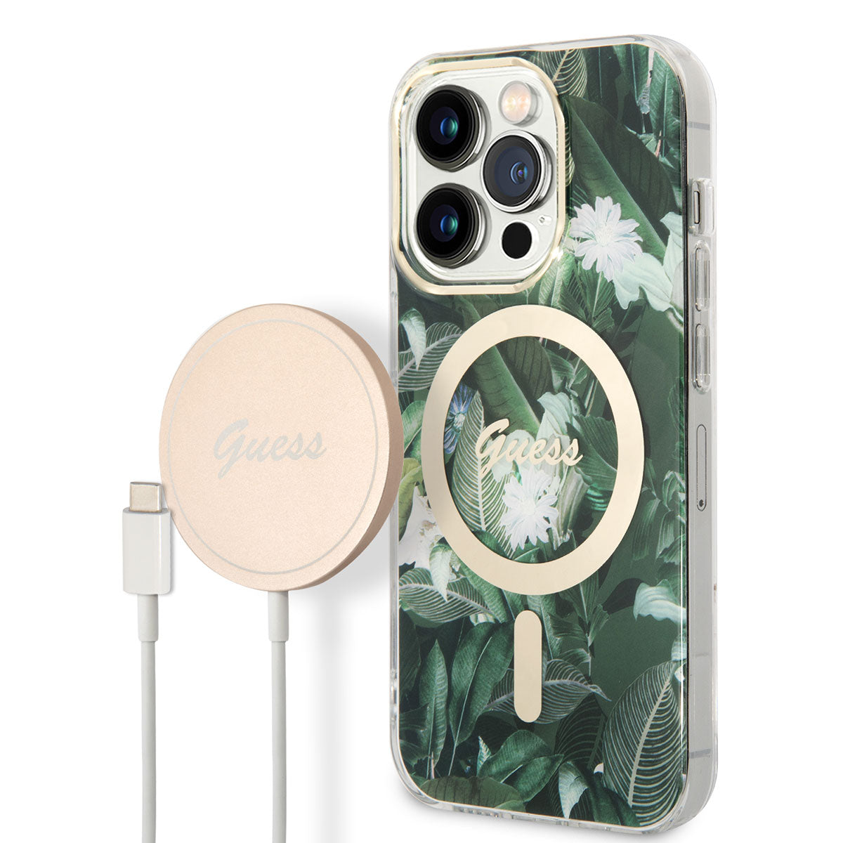 iPhone 14 Pro Kılıf GUESS M-safe Şarj Özellikli Yaprak Desenli M-safe Şarj Kablolu Kılıf