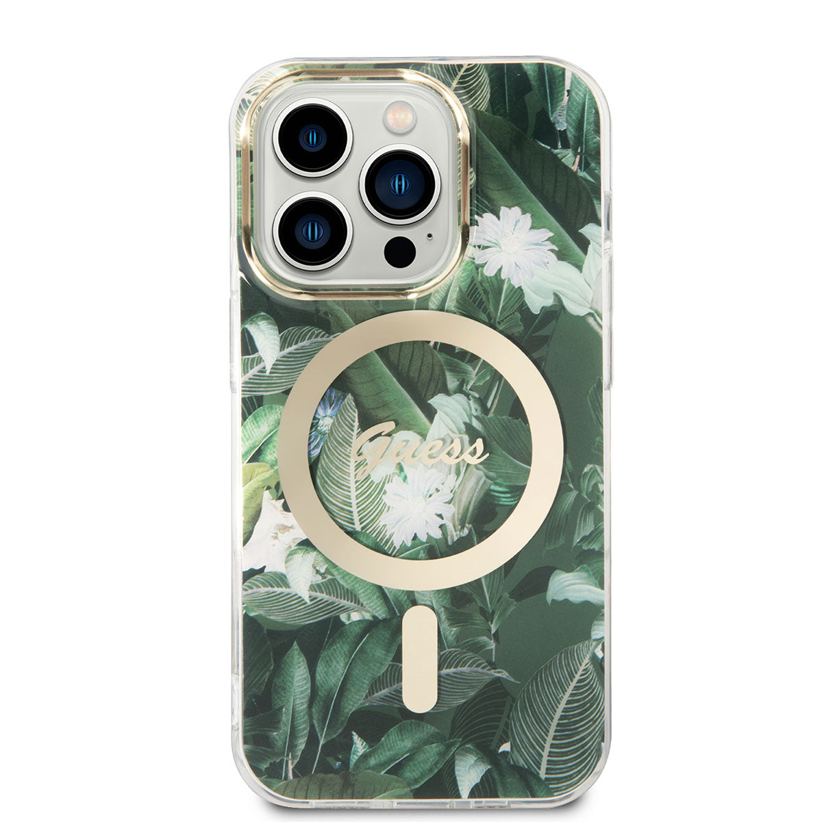 iPhone 14 Pro Kılıf GUESS M-safe Şarj Özellikli Yaprak Desenli M-safe Şarj Kablolu Kılıf