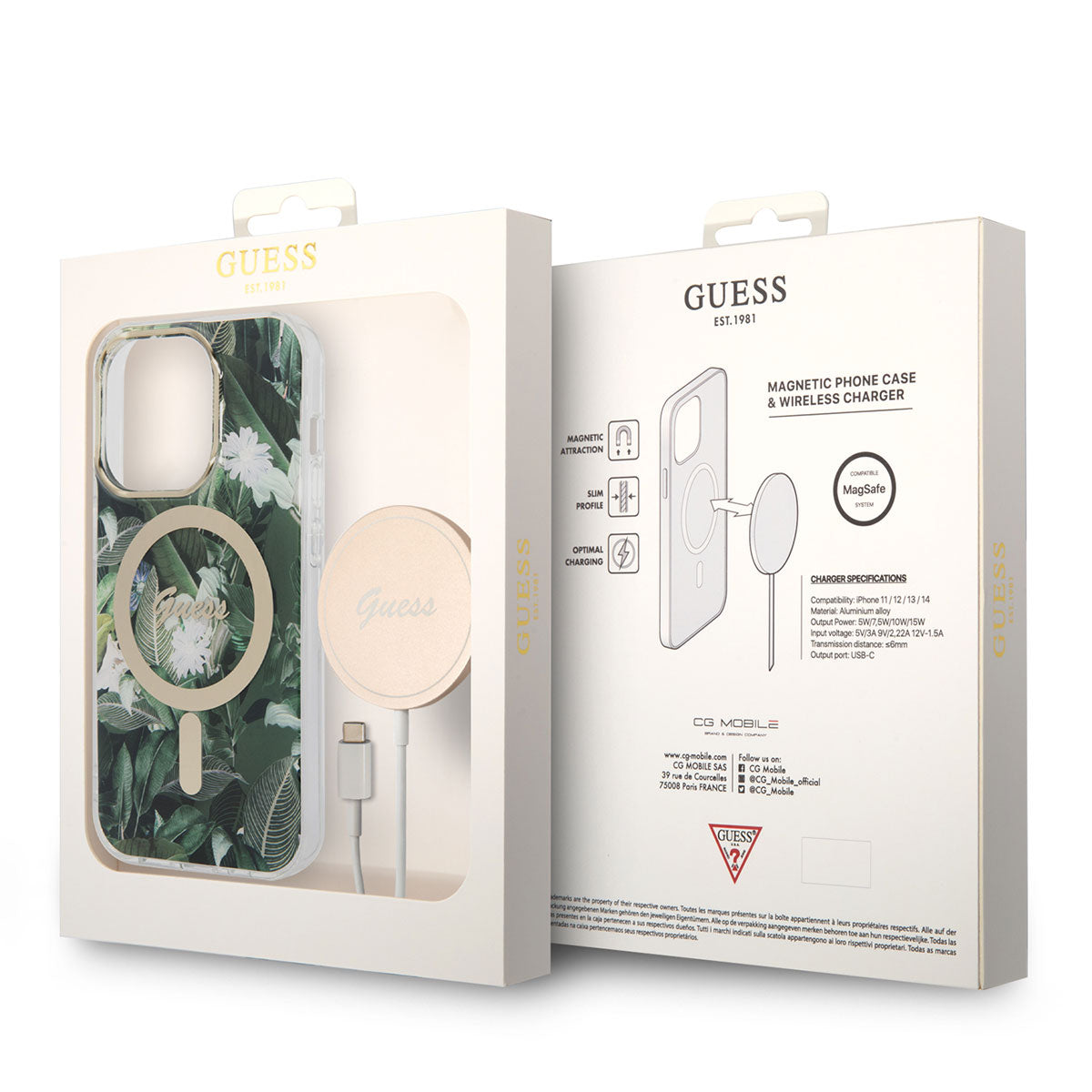 iPhone 14 Pro Kılıf GUESS M-safe Şarj Özellikli Yaprak Desenli M-safe Şarj Kablolu Kılıf
