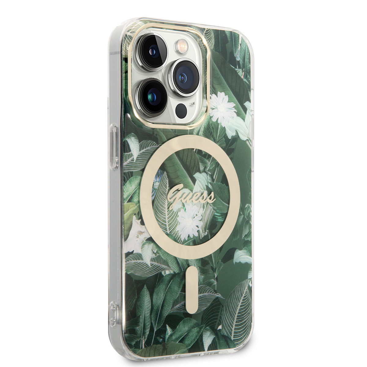iPhone 14 Pro Kılıf GUESS M-safe Şarj Özellikli Yaprak Desenli M-safe Şarj Kablolu Kılıf