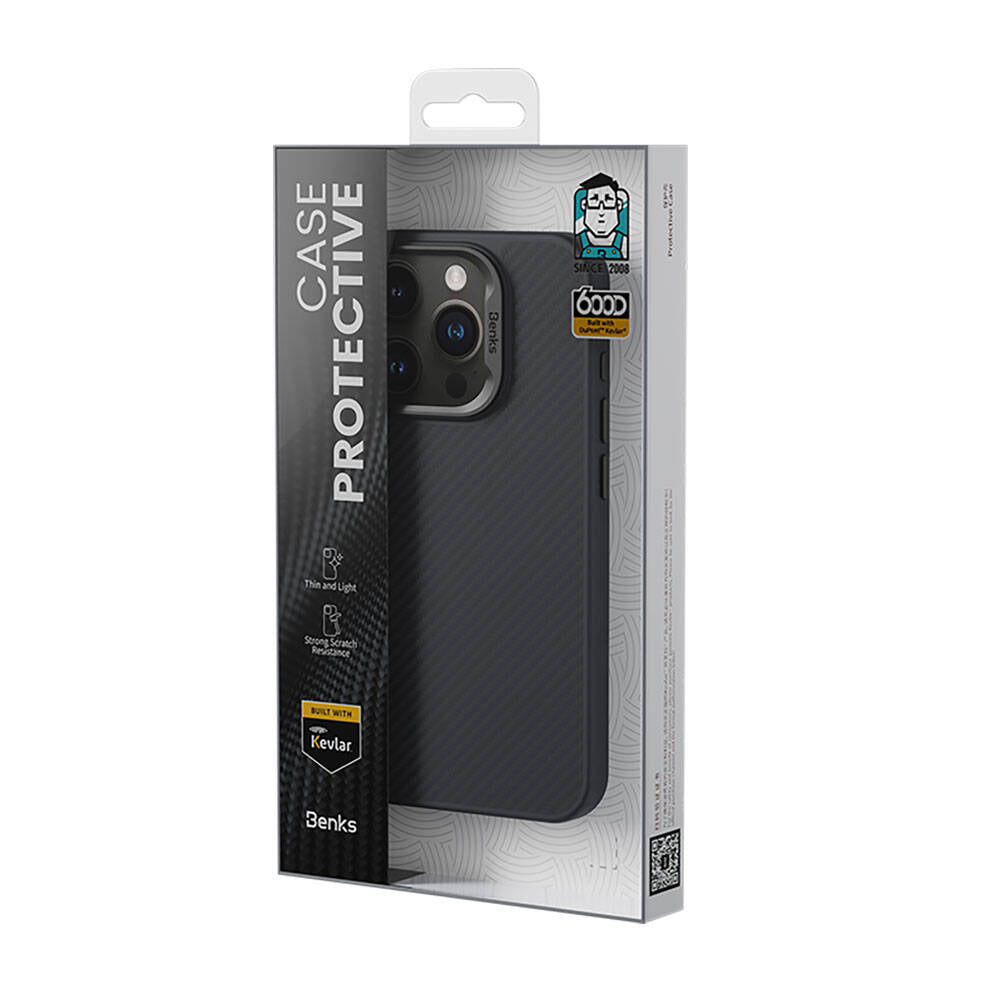 iPhone 14 Pro Kılıf Karbon Fiber M-safe Şarj Özellikli Benks Hybrid ArmorPro 600D Kevlar Kılıf