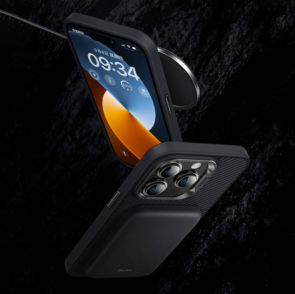 iPhone 14 Pro Kılıf Karbon Fiber M-safe Şarj Özellikli Benks Hybrid ArmorPro 600D Kevlar Kılıf