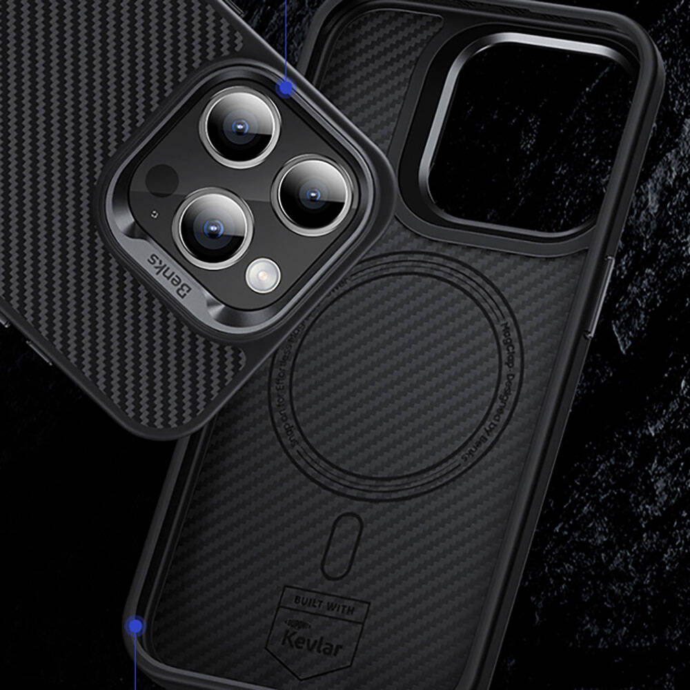 iPhone 14 Pro Kılıf Karbon Fiber M-safe Şarj Özellikli Benks Hybrid ArmorPro 600D Kevlar Kılıf