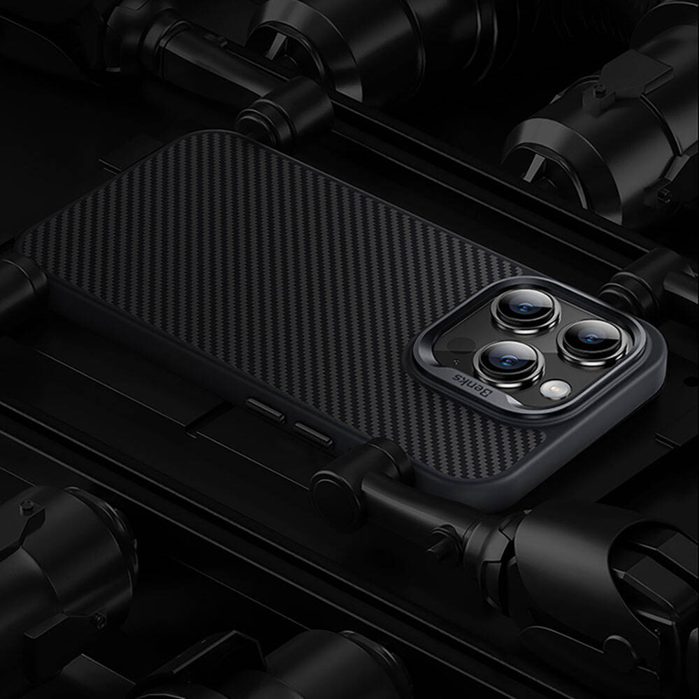 iPhone 14 Pro Kılıf Karbon Fiber M-safe Şarj Özellikli Benks Hybrid ArmorPro 600D Kevlar Kılıf