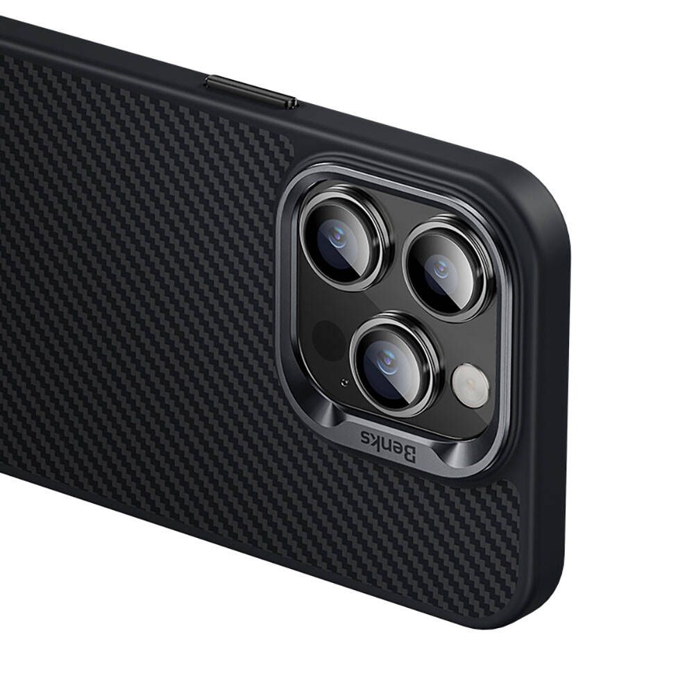 iPhone 14 Pro Kılıf Karbon Fiber M-safe Şarj Özellikli Benks Hybrid ArmorPro 600D Kevlar Kılıf