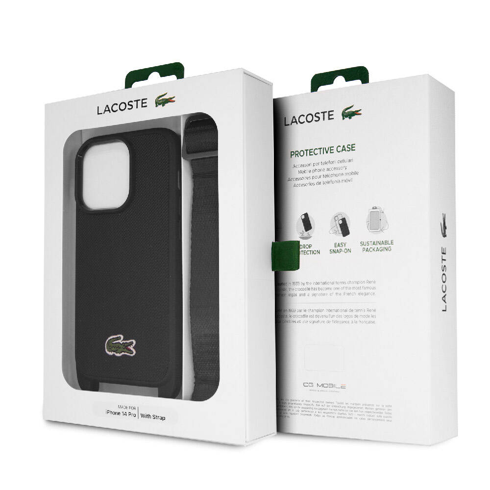 iPhone 14 Pro Kılıf Lacoste Orijinal Lisanslı PU Pike Desenli Arka Yüzey Askılı İkonik Timsah Dokuma Logolu Kılıf