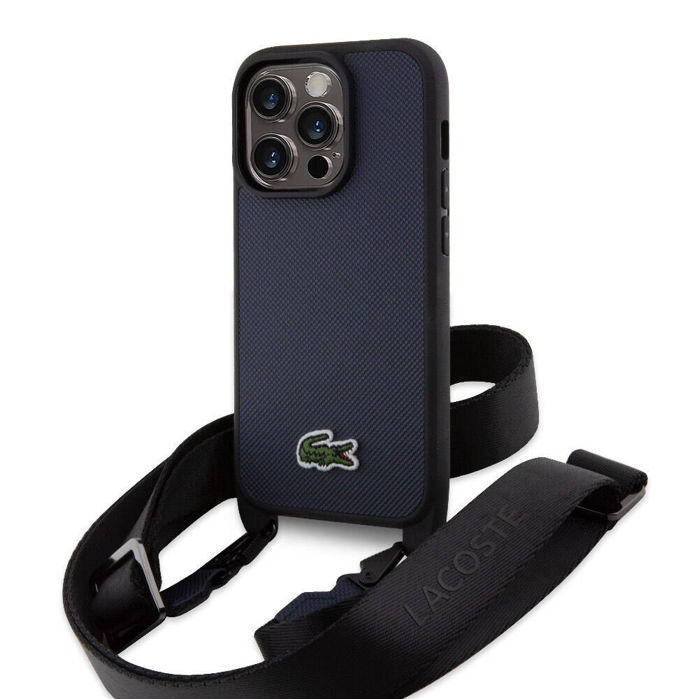 iPhone 14 Pro Kılıf Lacoste orijinal Lisanslı PU Pike Desenli Arka Yüzey Askılı İkonik Timsah Dokuma Logolu Kılıf
