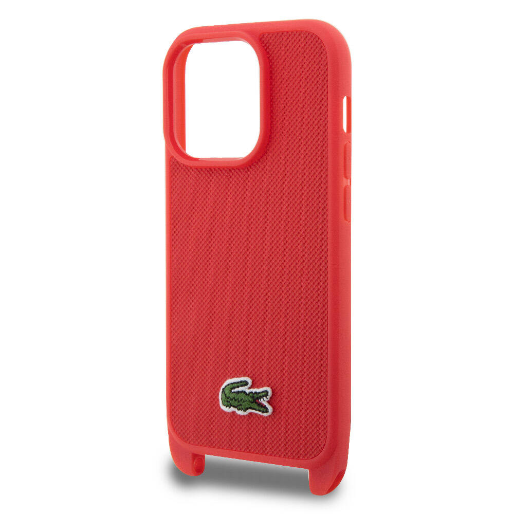 iPhone 14 Pro Kılıf Lacoste orijinal Lisanslı PU Pike Desenli Arka Yüzey Askılı İkonik Timsah Dokuma Logolu Kılıf