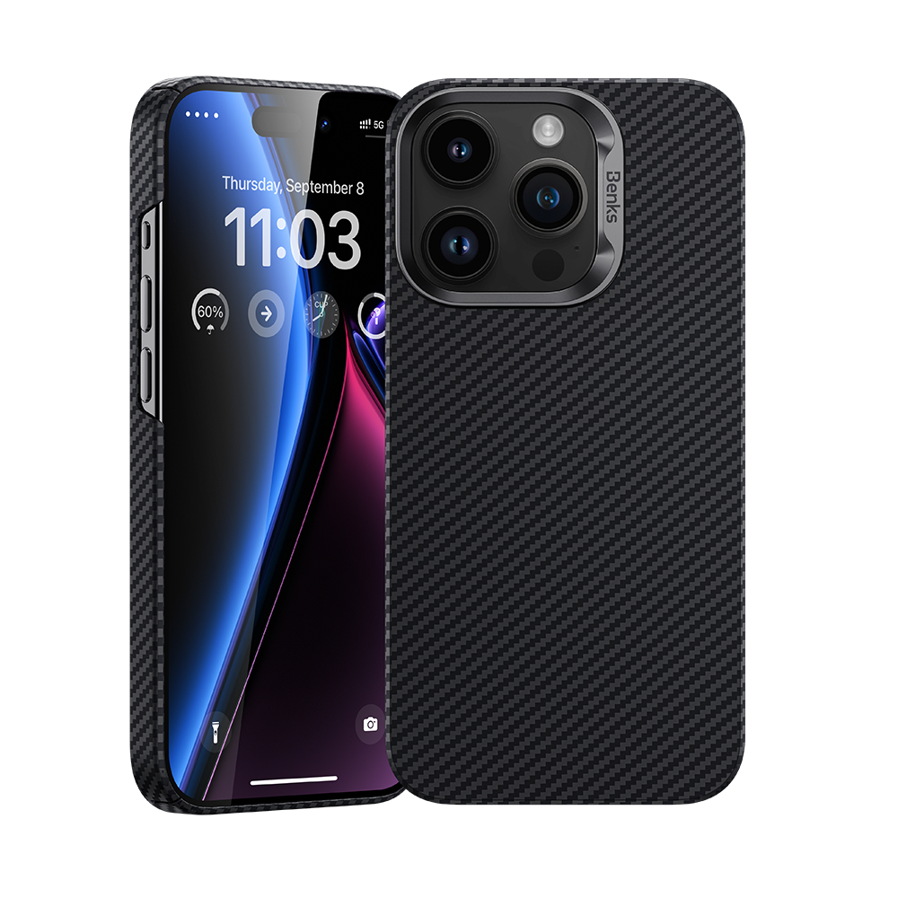 iPhone 14 Pro Kılıf M-safe Şarj Özellikli Karbon Fiber Benks MFM Lisanslı 600D Essential Kevlar Kılıf