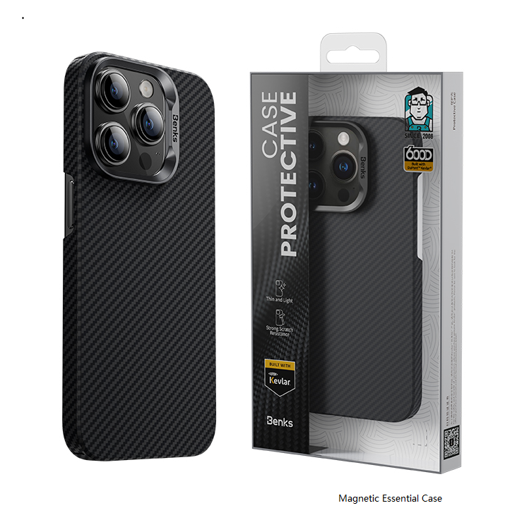 iPhone 14 Pro Kılıf M-safe Şarj Özellikli Karbon Fiber Benks MFM Lisanslı 600D Essential Kevlar Kılıf
