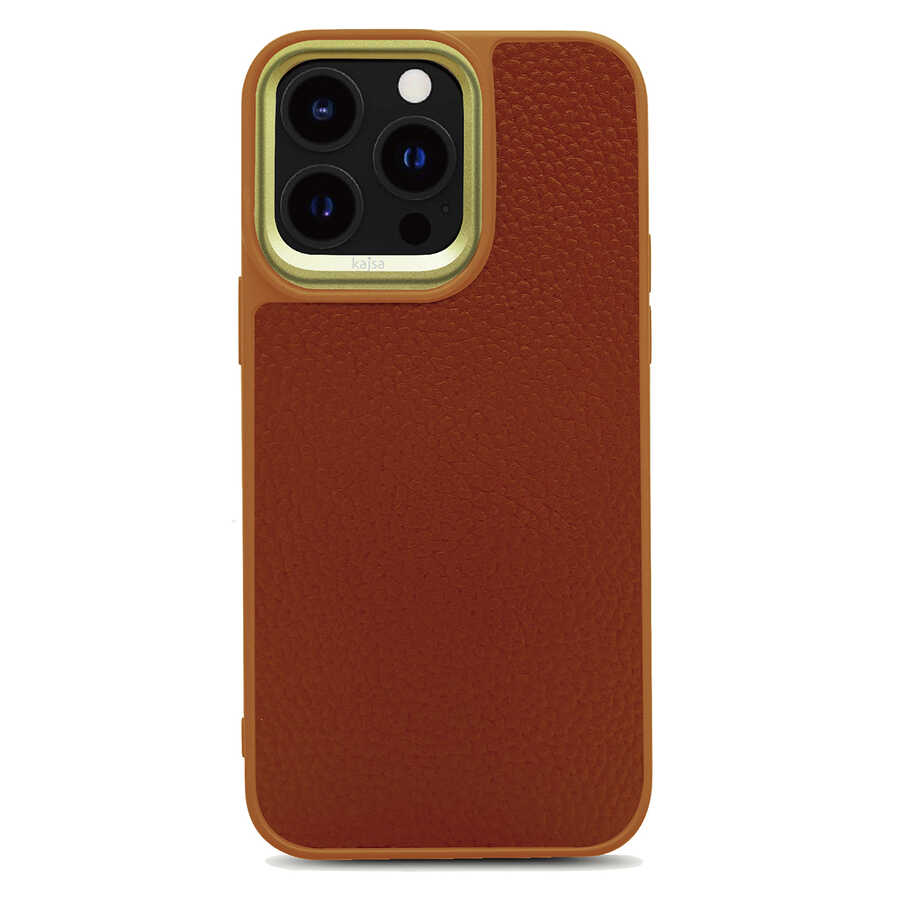 iPhone 14 Pro Kılıf Soft Deri Metal Kamera Çerçeveli Kajsa Litchi Kılıf