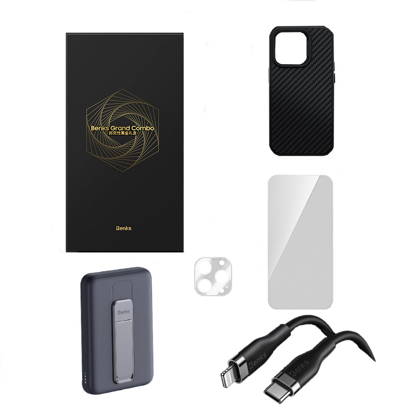 iPhone 14 Pro Max Benks Grand Combo New 5in1 Aksesuar Seti Kılıf-Ekran Koruyucu-Lens Koruyucu-Kablo-Powerbank
