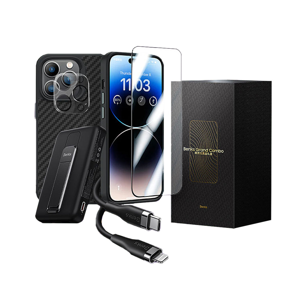 iPhone 14 Pro Max Benks Grand Combo New 5in1 Aksesuar Seti Kılıf-Ekran Koruyucu-Lens Koruyucu-Kablo-Powerbank