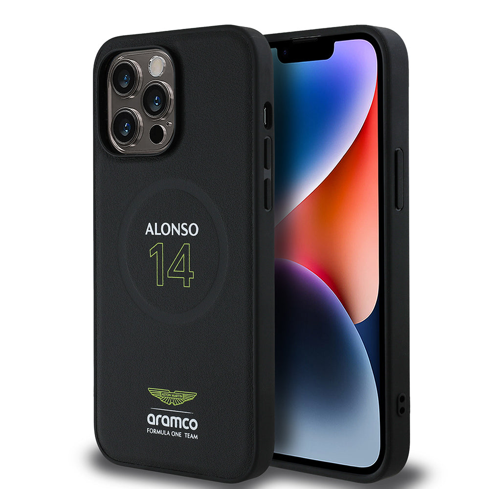 iPhone 14 Pro Max Kılıf Aston Martin Orijinal Lisanslı M-safe Şarj Özellikli PU Deri Alonso 14 Baskılı Kılıf