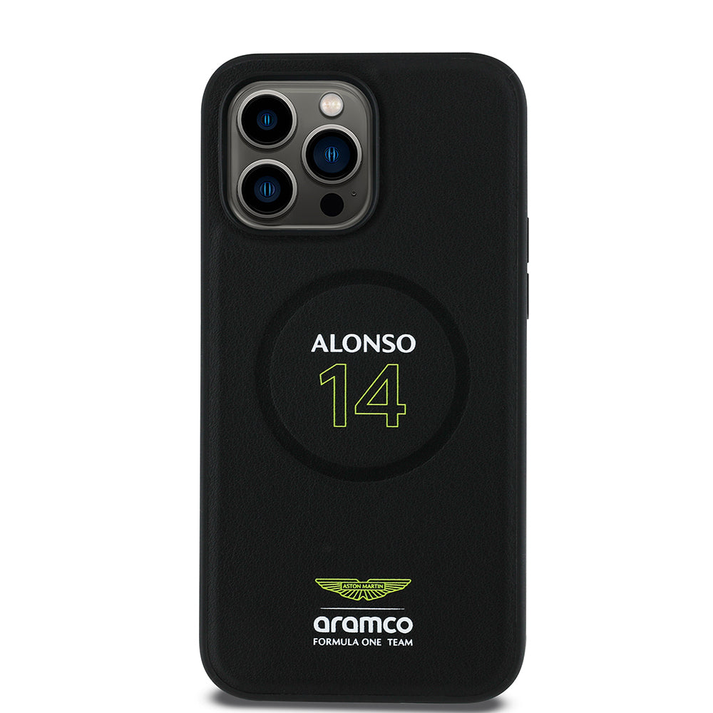 iPhone 14 Pro Max Kılıf Aston Martin Orijinal Lisanslı M-safe Şarj Özellikli PU Deri Alonso 14 Baskılı Kılıf