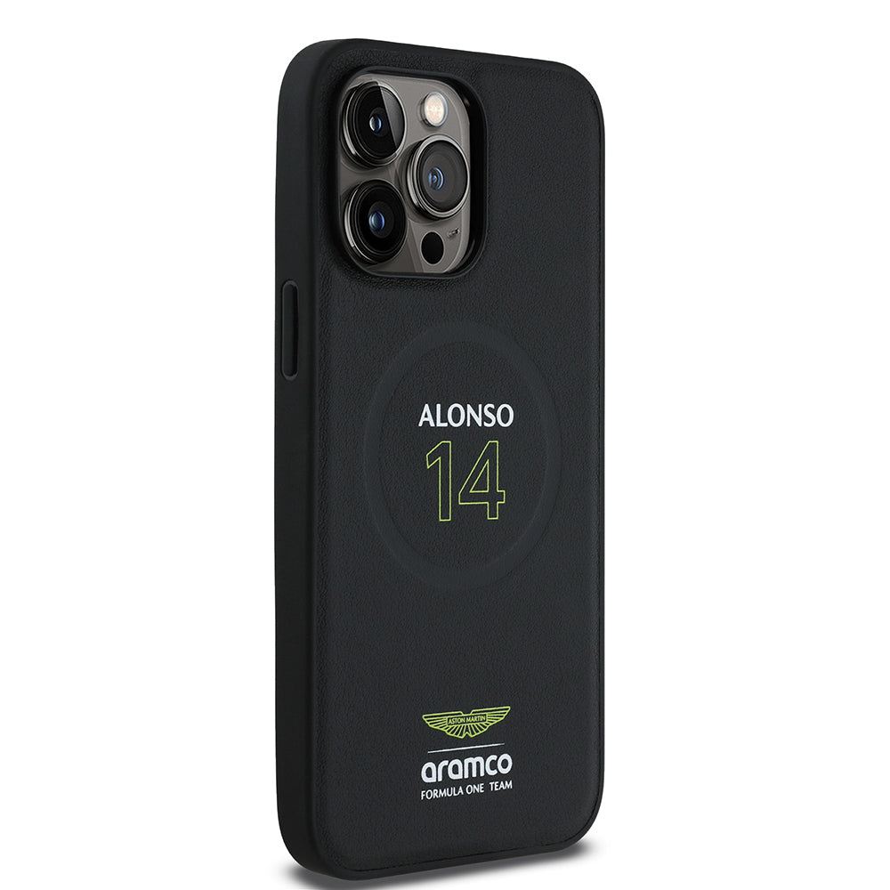 iPhone 14 Pro Max Kılıf Aston Martin Orijinal Lisanslı M-safe Şarj Özellikli PU Deri Alonso 14 Baskılı Kılıf