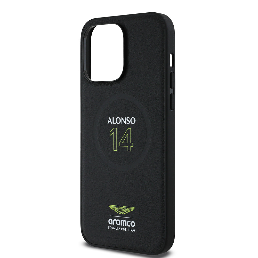 iPhone 14 Pro Max Kılıf Aston Martin Orijinal Lisanslı M-safe Şarj Özellikli PU Deri Alonso 14 Baskılı Kılıf