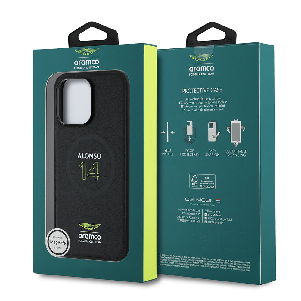 iPhone 14 Pro Max Kılıf Aston Martin Orijinal Lisanslı M-safe Şarj Özellikli PU Deri Alonso 14 Baskılı Kılıf