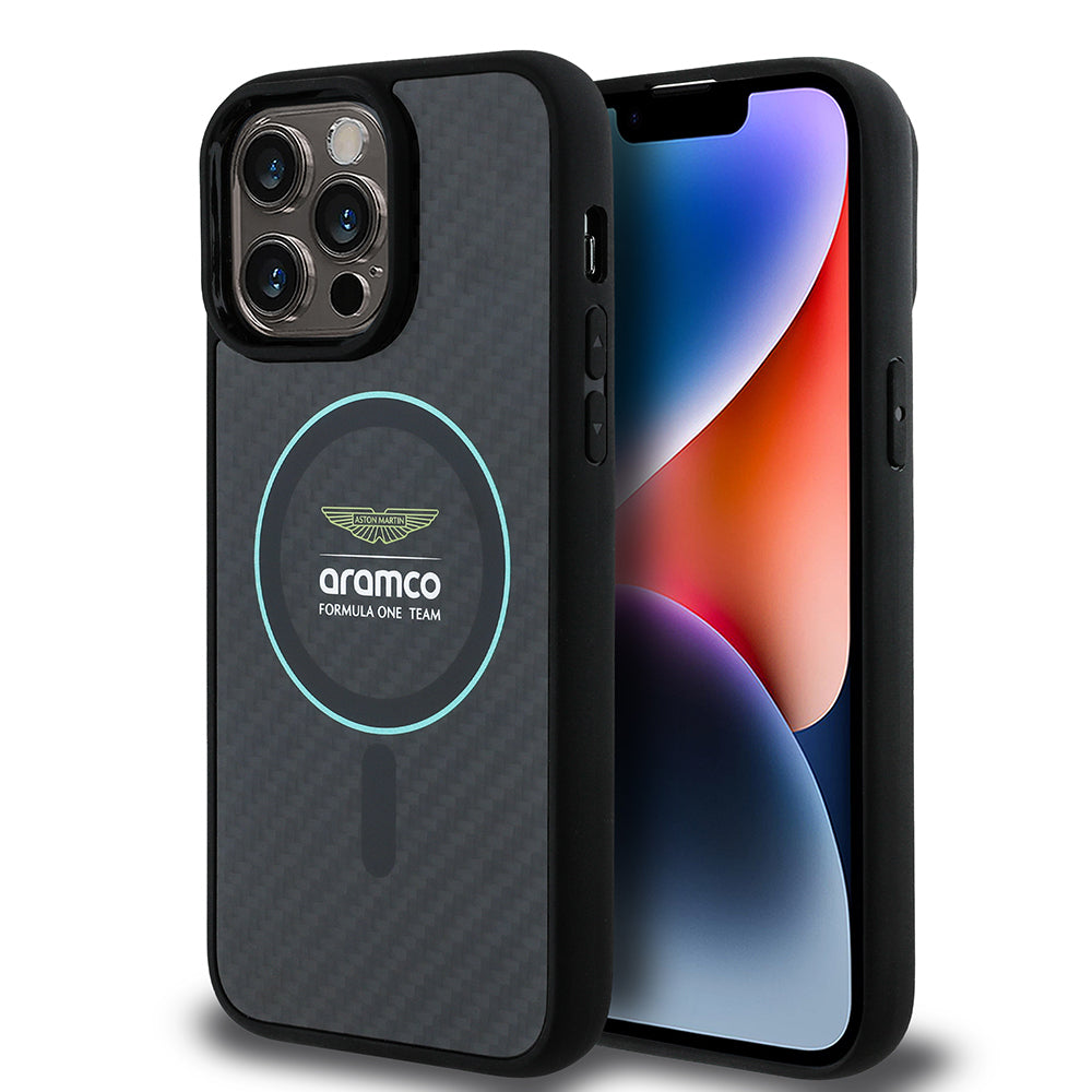 iPhone 14 Pro Max Kılıf Aston Martin Orijinal Lisanslı M-safe Şarj Özellikli Renkli Halka ve Karbon Fiber Tasarımlı Kılıf