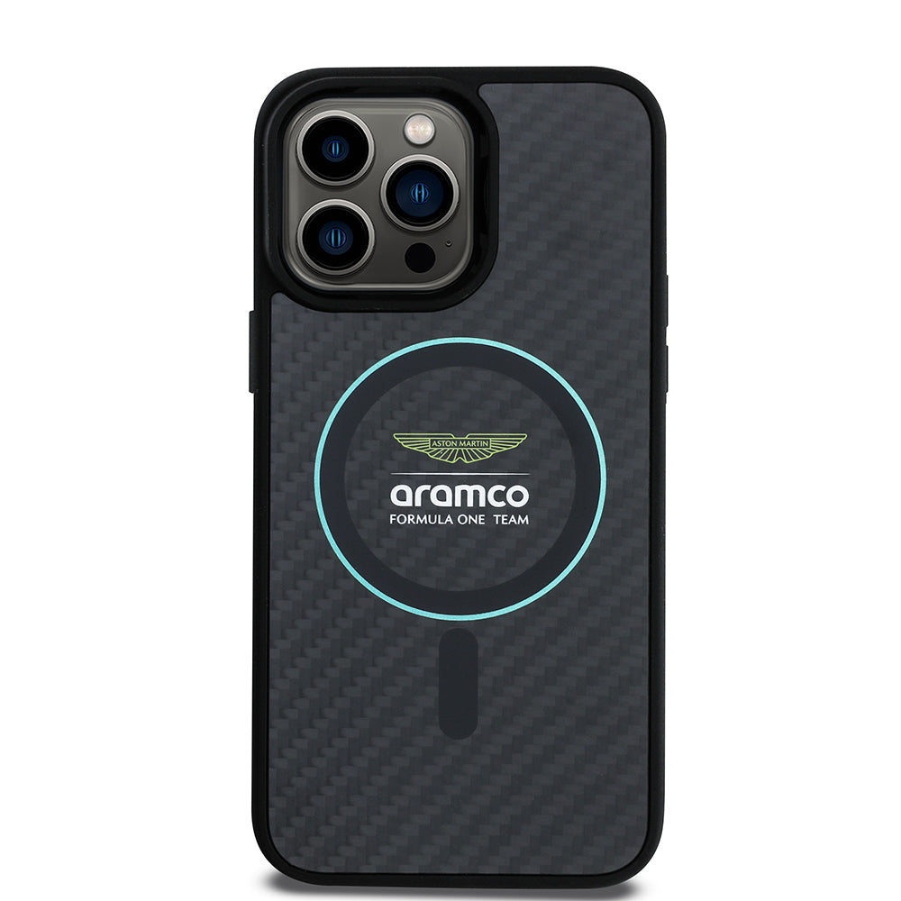 iPhone 14 Pro Max Kılıf Aston Martin Orijinal Lisanslı M-safe Şarj Özellikli Renkli Halka ve Karbon Fiber Tasarımlı Kılıf