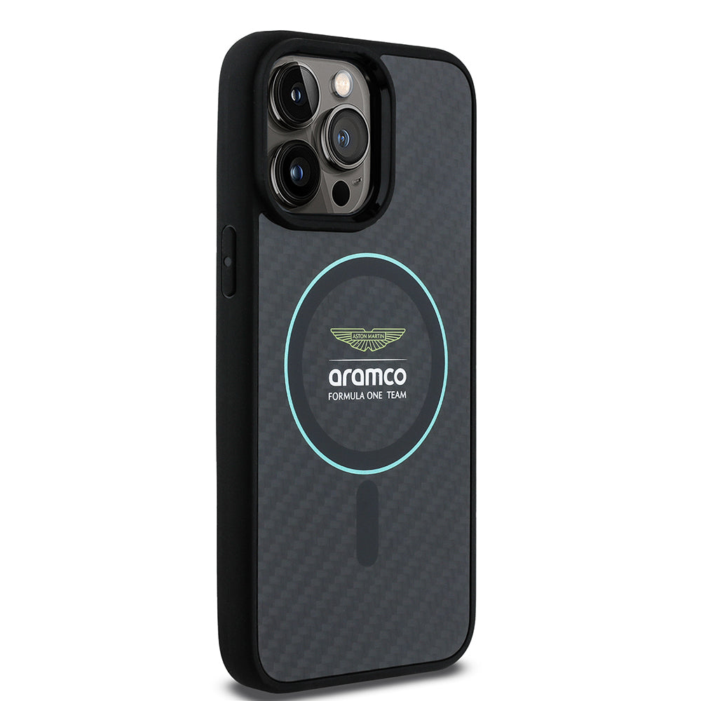 iPhone 14 Pro Max Kılıf Aston Martin Orijinal Lisanslı M-safe Şarj Özellikli Renkli Halka ve Karbon Fiber Tasarımlı Kılıf