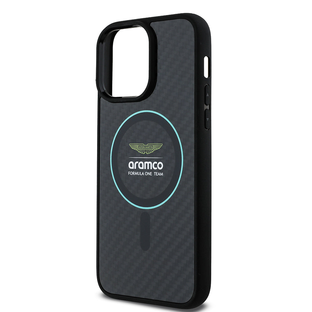 iPhone 14 Pro Max Kılıf Aston Martin Orijinal Lisanslı M-safe Şarj Özellikli Renkli Halka ve Karbon Fiber Tasarımlı Kılıf