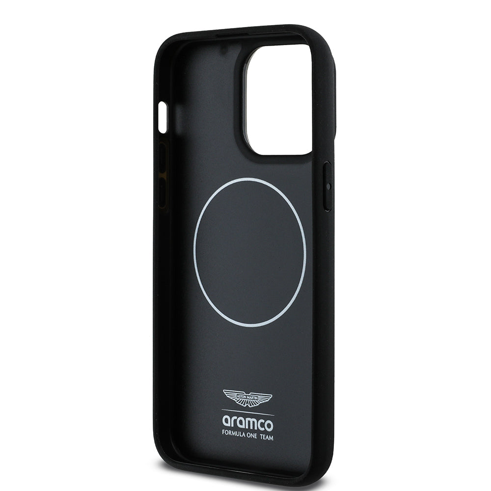 iPhone 14 Pro Max Kılıf Aston Martin Orijinal Lisanslı M-safe Şarj Özellikli Renkli Halka ve Karbon Fiber Tasarımlı Kılıf