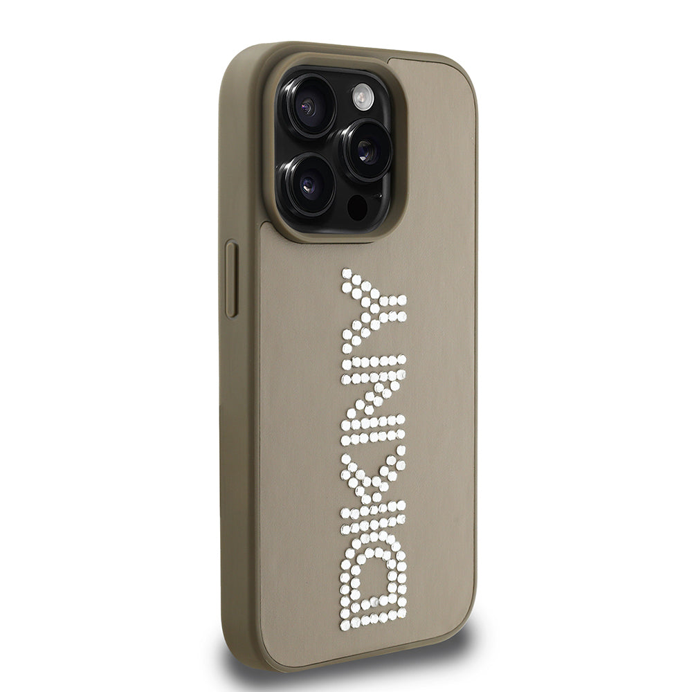 iPhone 14 Pro Max Kılıf DKNY Orjinal Lisanslı Taşlı DKNY Yazılı Metalik Rhinestones PU Deri Kılıf