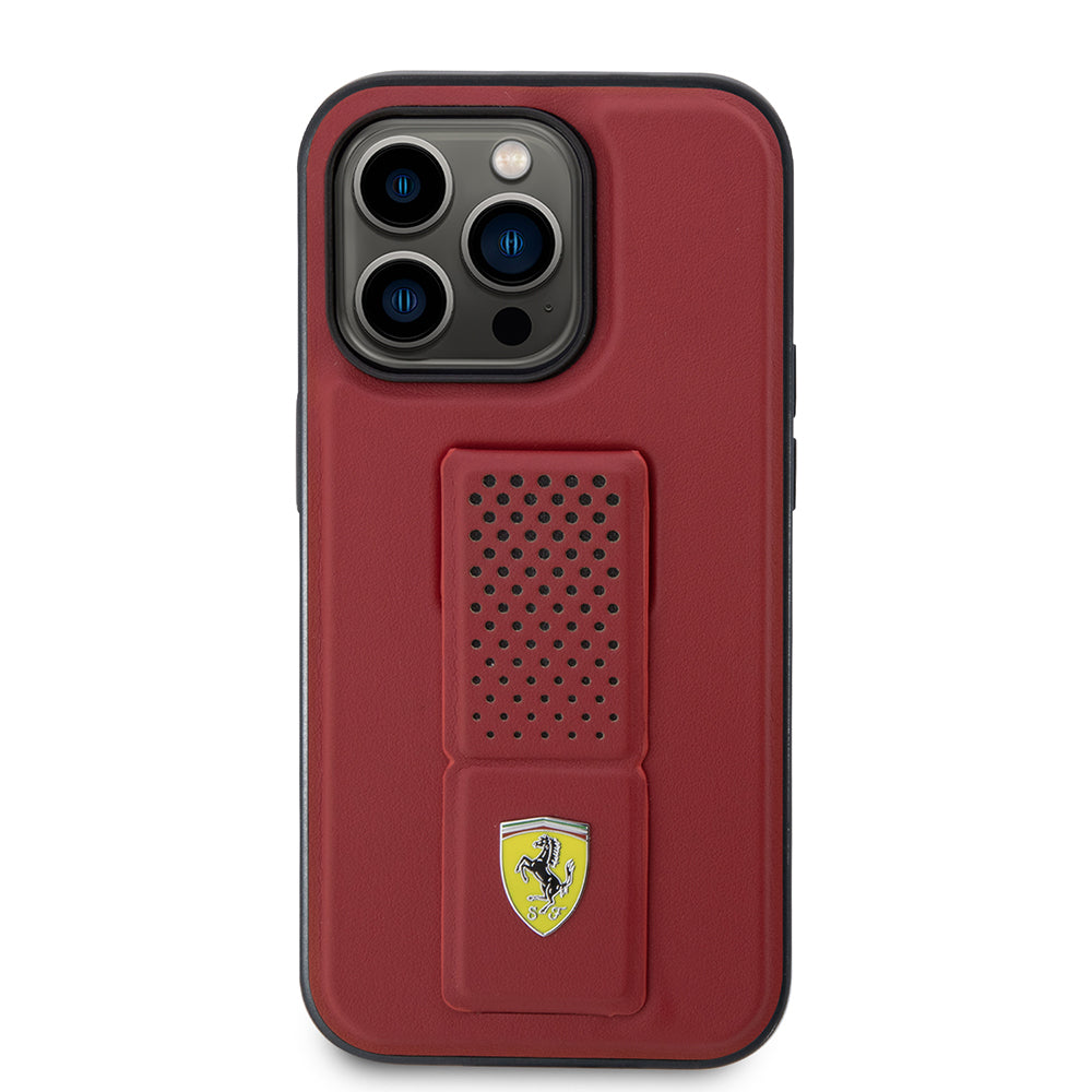 iPhone 14 Pro Max Kılıf Ferrari Orijinal Lisanlı Klasik Metal Logolu Delikli Standlı Deri Kılıf