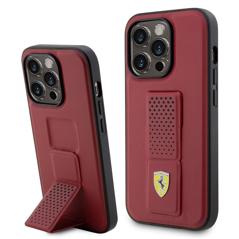 iPhone 14 Pro Max Kılıf Ferrari Orijinal Lisanlı Klasik Metal Logolu Delikli Standlı Deri Kılıf