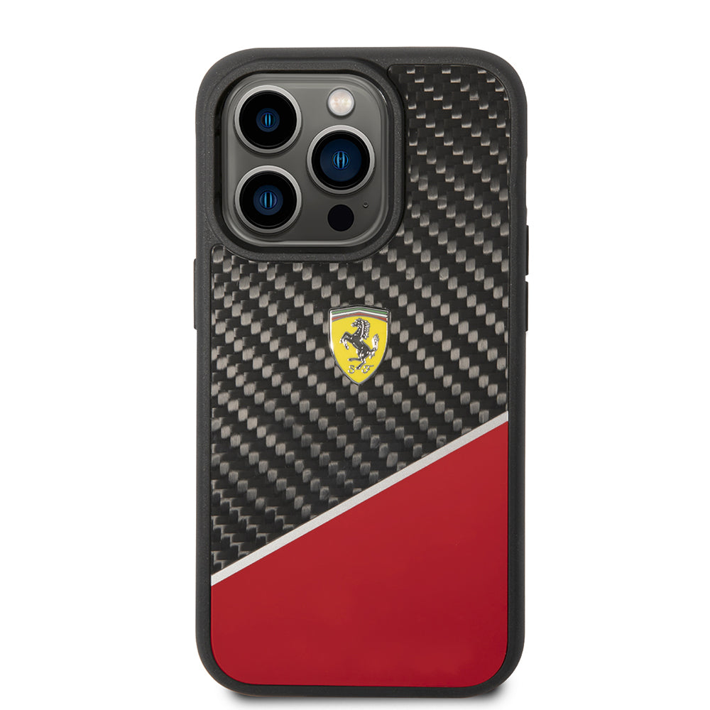 iPhone 14 Pro Max Kılıf Ferrari Orijinal Lisanlı Klasik Metal Logolu Karbon Şerit Desenli Kılıf