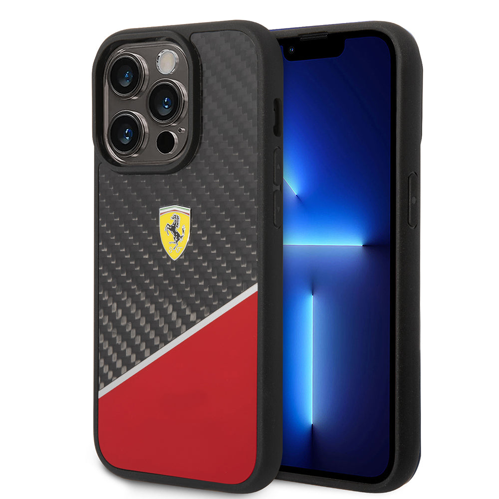 iPhone 14 Pro Max Kılıf Ferrari Orijinal Lisanlı Klasik Metal Logolu Karbon Şerit Desenli Kılıf