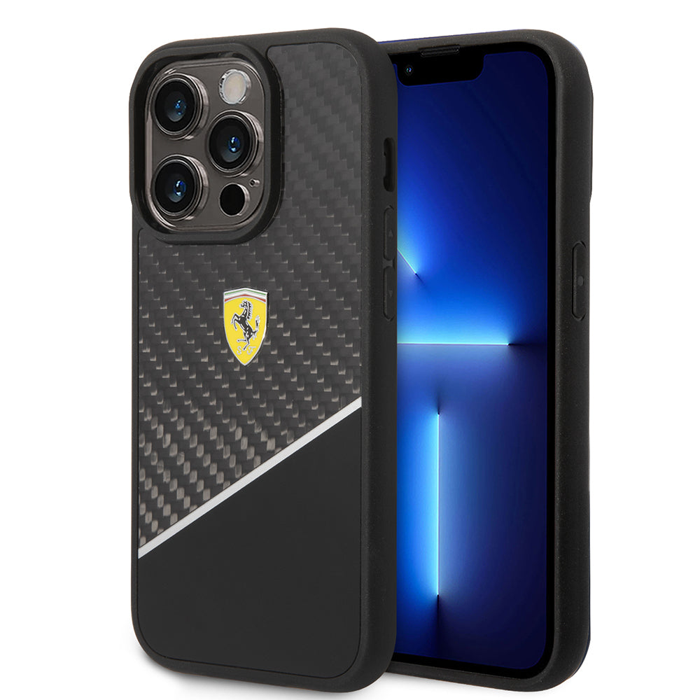 iPhone 14 Pro Max Kılıf Ferrari Orijinal Lisanlı Klasik Metal Logolu Karbon Şerit Desenli Kılıf