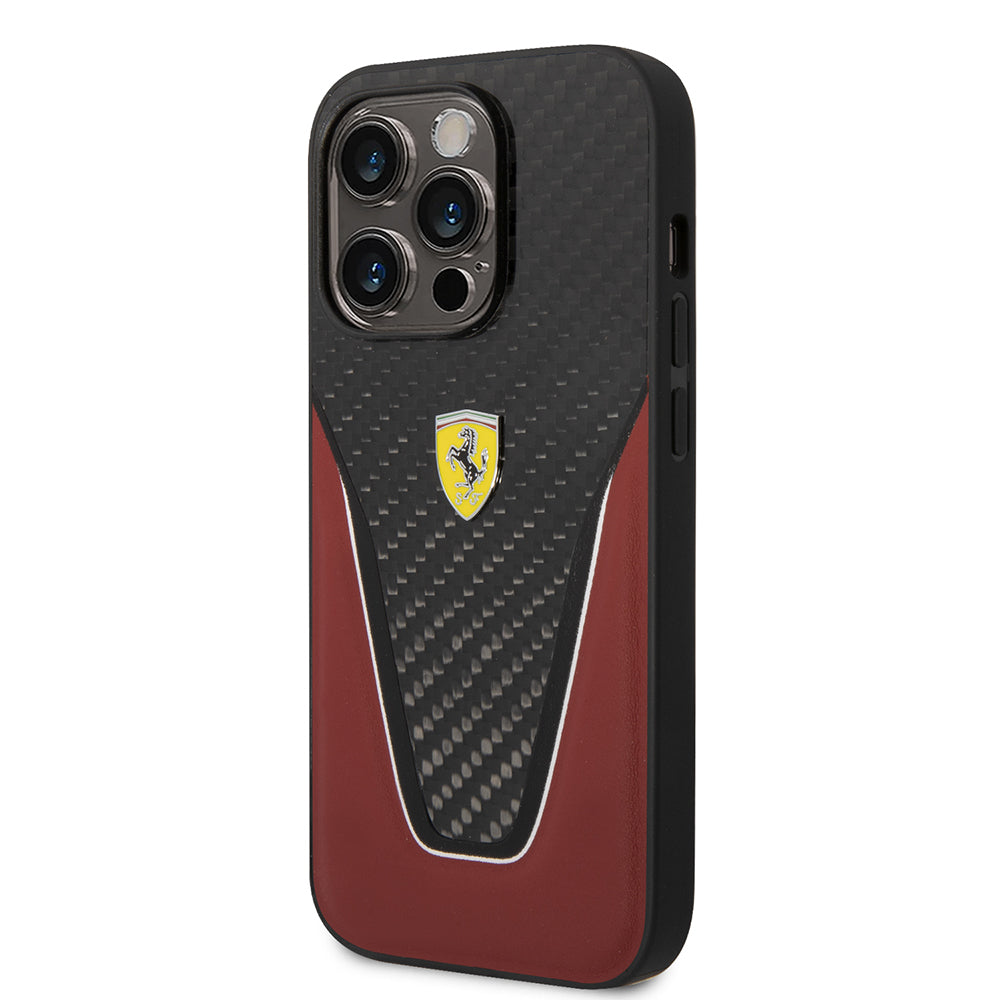 iPhone 14 Pro Max Kılıf Ferrari Orijinal Lisanlı Klasik Metal Logolu Karbon V Desenli Kılıf