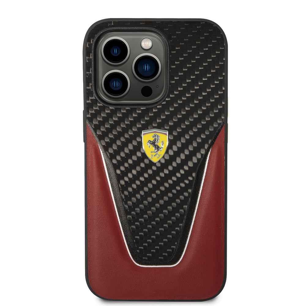 iPhone 14 Pro Max Kılıf Ferrari Orijinal Lisanlı Klasik Metal Logolu Karbon V Desenli Kılıf