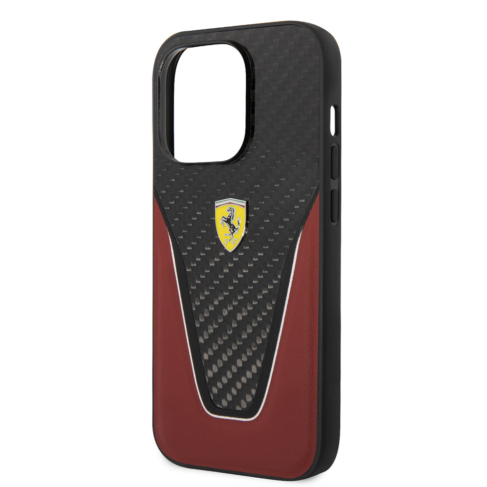 iPhone 14 Pro Max Kılıf Ferrari Orijinal Lisanlı Klasik Metal Logolu Karbon V Desenli Kılıf